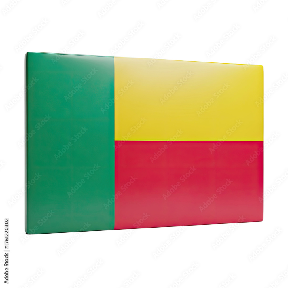 Fototapeta premium The Benin national flag depicted as a three dimensional object with embossed texture and subtle lighting casting shadows against a soft gradient