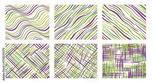 Six vibrant purple and green abstract patterns perfect for modern designs, textiles, backdrops, and creative projects requiring a trendy, eye-catching style