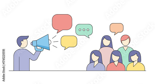 Engaging speaker using megaphone to address diverse audience, sharing ideas and promoting a collaborative communication with colorful speech bubbles