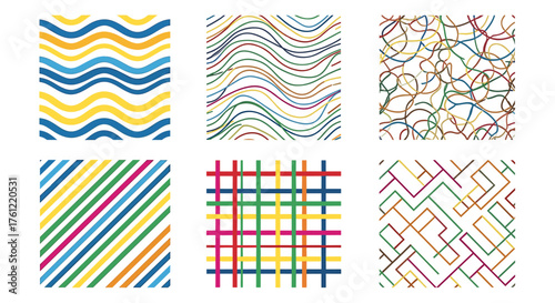 Stylish set of vibrant geometric patterns perfect for modern designs and backgrounds, offering a playful touch and versatile appeal for creative projects