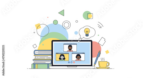 Engaging virtual meeting with diverse team brings fresh ideas in a bright, modern workspace perfect for remote collaboration and innovative projects