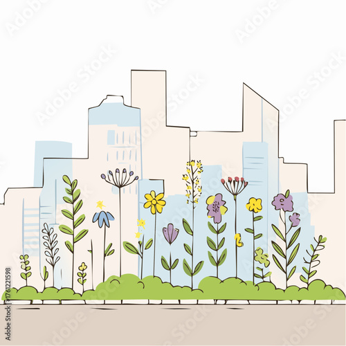 Wildflowers bloom in vacant lot, urban rewilding project in the City