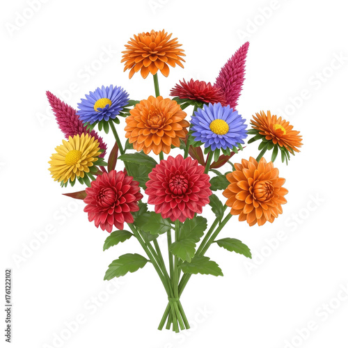 Vibrant bouquet of assorted dahlia and aster flowers with lush green stems and leaves artfully arranged against a softly blurred warm gradient
