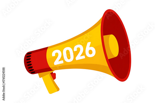 Wallpaper Mural Bold megaphone with vibrant red and yellow hues, displaying the year 2026 prominently. Torontodigital.ca