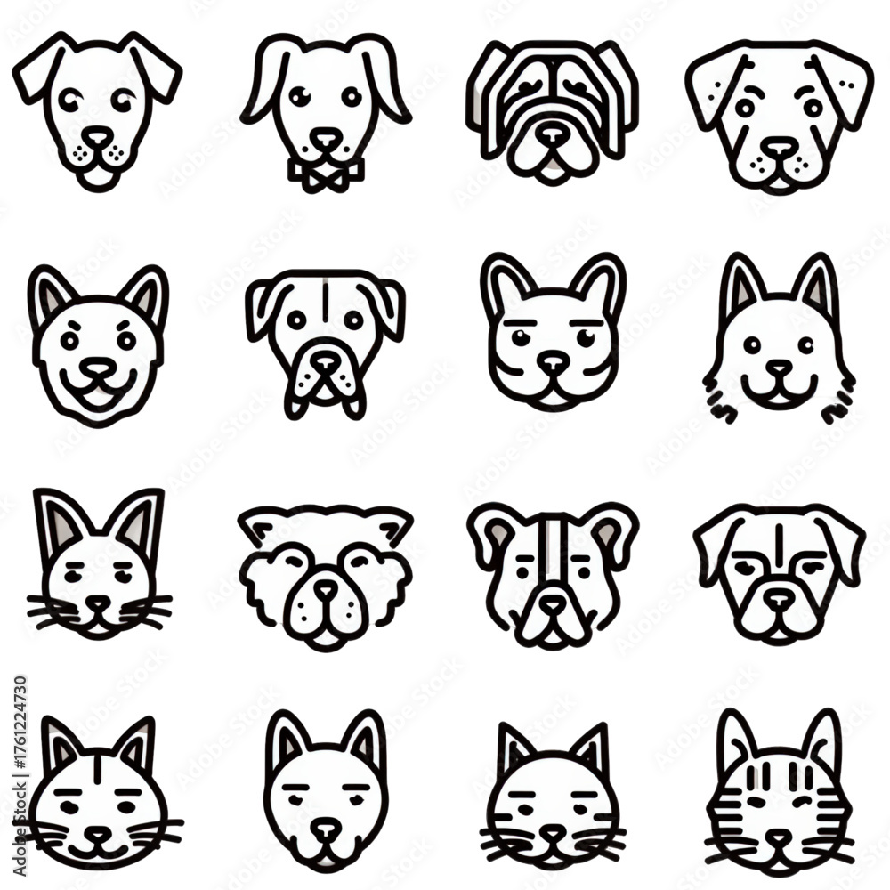 Obraz premium Set of dog and cat head icons in a simple line art style.