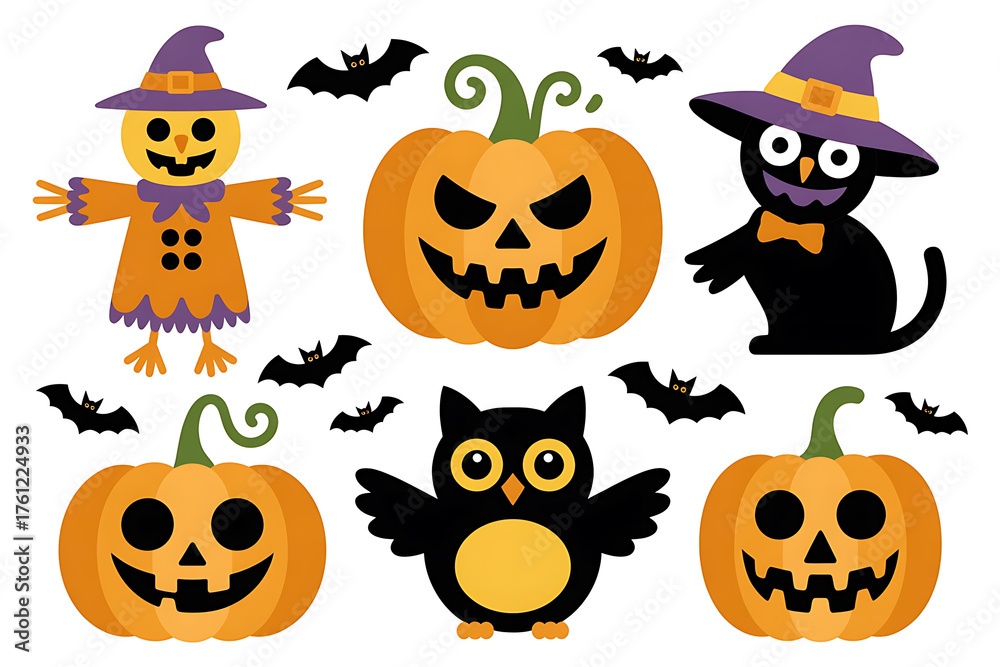 Obraz premium Festive Halloween icons: pumpkins, scarecrow, owl, cat, and bats create spooky fun.