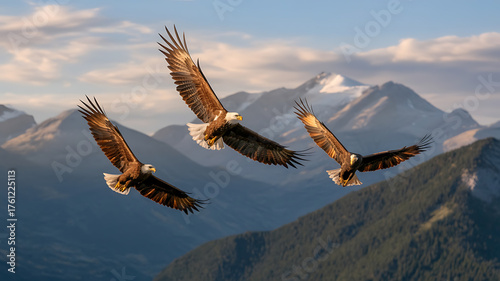 Majestic eagles soar gracefully across a breathtaking mountain landscape bathed in golden light.