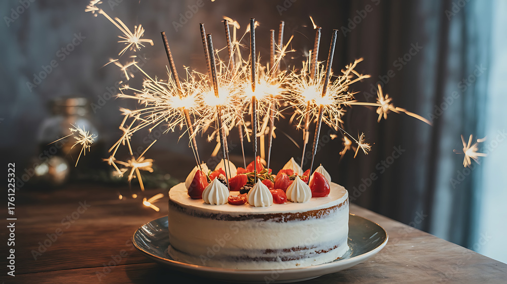 custom made wallpaper toronto digitalSparkling birthday cake with festive fireworks, celebrating joyous moments and sweet wishes.