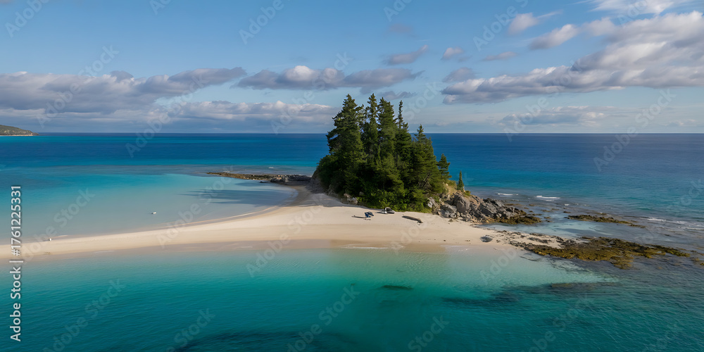 Obraz premium Lush tropical island rises from turquoise waters, surrounded by a pristine white sand beach.