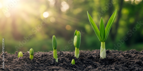 Wallpaper Mural Emerging green shoots rise from dark soil, symbolizing growth, hope, and the cycle of nature. Torontodigital.ca