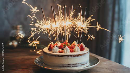 Sparkling birthday cake with festive fireworks, celebrating joyous moments and sweet wishes.