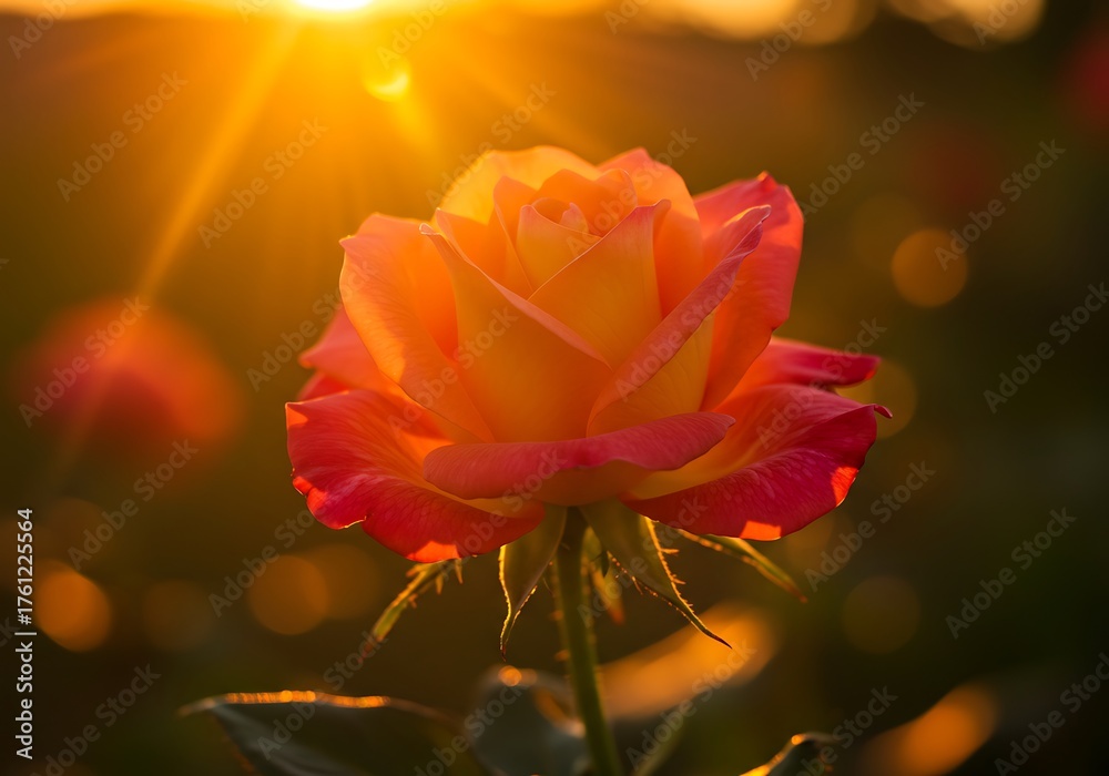 Obraz premium Orange Rose Illuminated by Golden Sunset Sunlight. Generative Ai