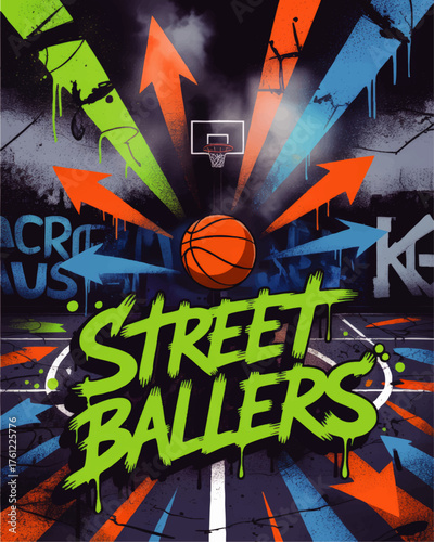 Urban Street Basketball Art with Graffiti Style Text, Neon Arrows, and Grungy Court Illustration for Sports Promotions