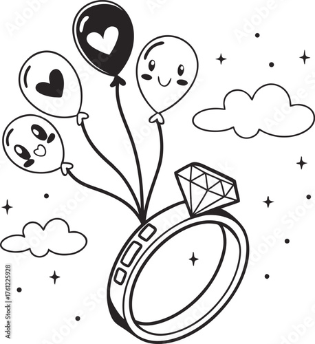 Romantic wedding engagement ring balloon celebration anniversary love concept art sketch isolated on transparent background