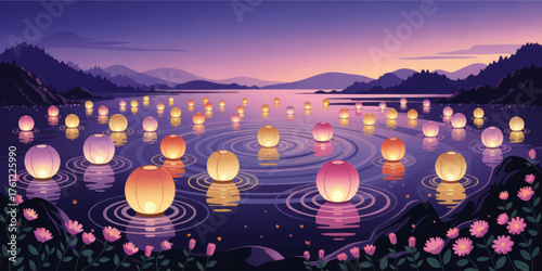 Tranquil Floating Lantern Festival on Lake at Sunset with Mountains and Flowers, Serene Twilight Vector Illustration