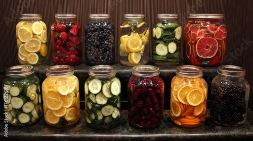 Jars filled with colorful fruits and vegetables line a shelf.