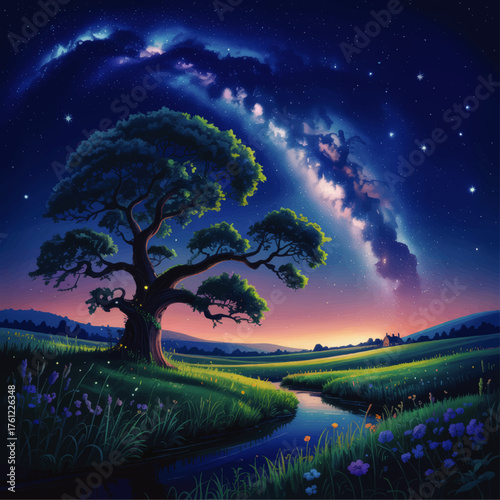 Enchanted Night Landscape with Glowing Milky Way, Majestic Tree, Flowing Stream, and Wildflowers in Fantasy Nature Art