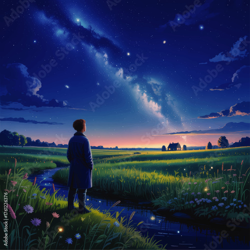 Dreamy Night Landscape with Person Stargazing by River, Wildflowers, and House under Milky Way Galaxy at Dusk, Digital Art