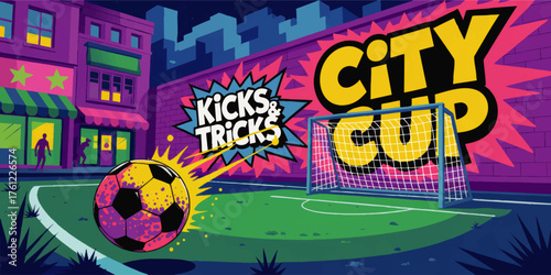 Vibrant Urban Soccer Illustration – Street Soccer Game, Kicks & Tricks, City Cup, Colorful Graffiti Background, Youth Sports Art
