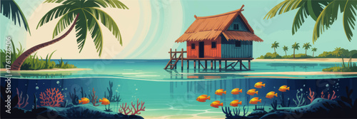 Tropical Beach Hut Over Water, Palm Trees, Coral Reef, and School of Fish – Vibrant Summer Island Paradise Illustration