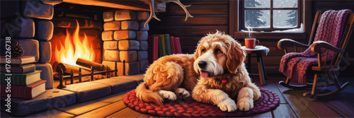 Cozy Winter Cabin Interior with Golden Doodle Dog by Fireplace, Rustic Decor, Rocking Chair, Snowy Window, and Warm Ambiance Illustration