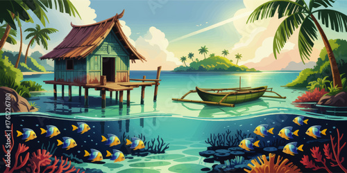 Tropical Lagoon Paradise With Wooden Hut, Canoe, Palm Trees, Coral Reef, and Colorful Fish – Vibrant Summer Island Landscape Illustration