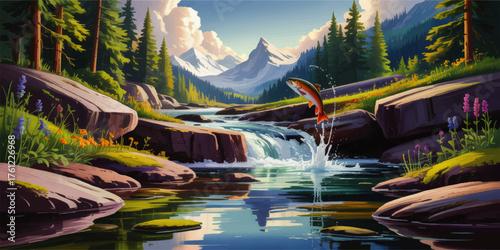 Vibrant Mountain River Landscape With Jumping Salmon, Wildflowers, Pine Trees, Waterfall and Snowy Peaks - Digital Art Illustration