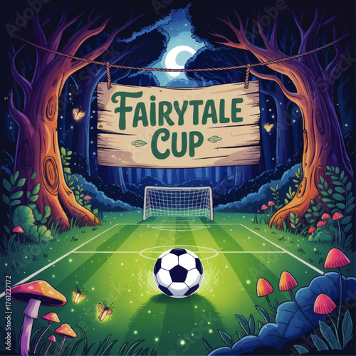 Magical Fairytale Soccer Cup on Enchanted Forest Field, Night Fantasy Football Tournament, Whimsical Cartoon Art
