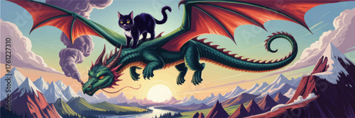 Majestic Green Dragon Flying With Black Cat Over Fantasy Mountains at Sunrise, Vibrant Colorful Epic Adventure Illustration