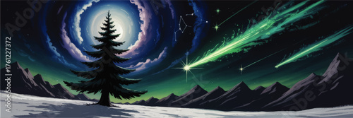 Mystical Night Sky Landscape with Shooting Stars, Northern Lights, Silhouette Pine Tree and Snowy Mountains, Digital Art