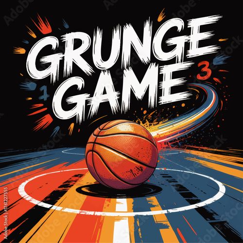 Dynamic Grunge Basketball Poster with Vibrant Colors, Urban Street Art Style, and Energetic Typography on Dark Background