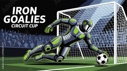 Futuristic Robot Soccer Goalie Illustration – Iron Goalies Circuit Cup, Digital Art, Sci-Fi Sports Arena, Dramatic Action Scene