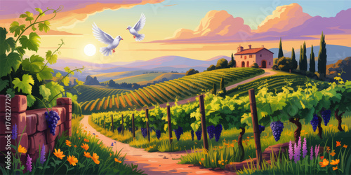 Picturesque vineyard landscape at sunset with grapevines, flying doves, flowers, and a rustic farmhouse in the rolling hills