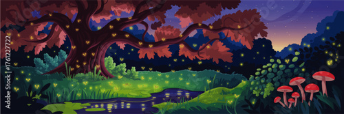 Magical Enchanted Forest at Night with Glowing Fireflies, Large Tree, Vibrant Mushrooms, and Serene Pond - Fantasy Landscape Illustration