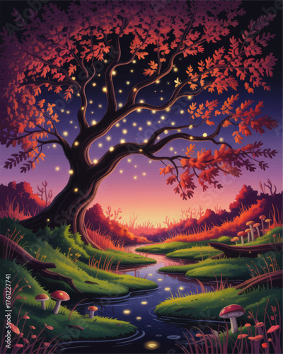 Enchanted Fantasy Forest at Sunset with Glowing Fireflies, Majestic Tree, Mushrooms, and Winding Stream – Magical Nature Landscape Illustration