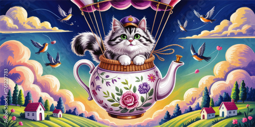 Whimsical Cat in Floral Teapot Hot Air Balloon, Fantasy Landscape with Birds and Colorful Sky, Cute Surreal Art Illustration