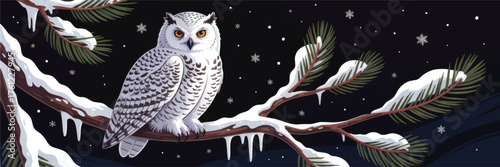 Snowy Owl Perched on Snow-Covered Pine Branch at Night – Winter Wildlife Illustration with Starry Sky and Falling Snowflakes