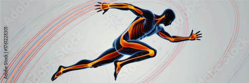 Dynamic Human Anatomy Runner Illustration – Muscles and Joints in Motion, Sports Science, Advanced Medical Concept Art