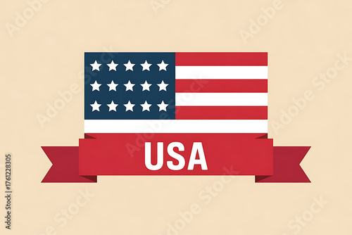Bold flag with stars and stripes, red banner displays 