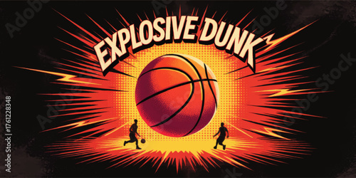 Explosive Dunk Basketball Poster – Dynamic Comic Style Illustration, Energetic Sports Art with Vibrant Orange and Black Theme