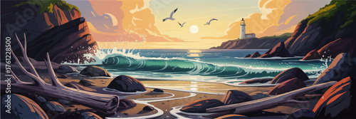 Scenic Vector Coastal Sunrise Landscape with Waves, Lighthouse, Rocky Beach, Driftwood, and Seagulls – Vibrant Illustration Background