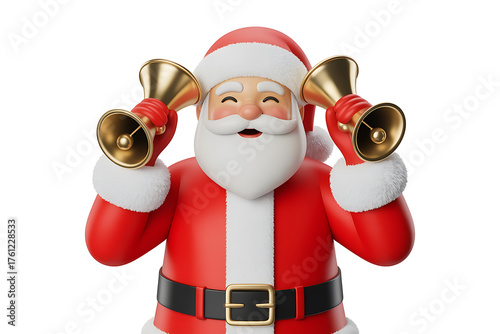 Festive figure in red suit holding golden bells, radiating holiday cheer and joyful anticipation.