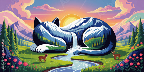 Dreamlike Cat Mountain Landscape Illustration with Waterfall, Sunrise, Forest, and Deer in Vibrant Pastel Colors