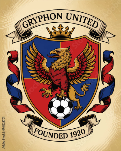 Vintage Gryphon United Soccer Team Emblem – Heraldic Crest with Crown, Red Blue Shield, Gryphon Mascot, and Soccer Ball – Vector Illustration