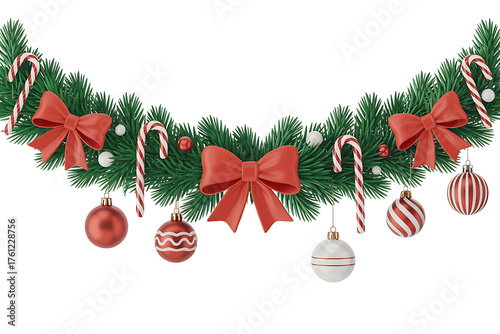 Festive garland adorned with candy canes, bows, and ornaments, evoking holiday cheer.