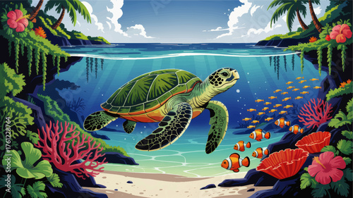 Vibrant Tropical Sea Turtle Swimming Underwater with Coral Reef, Clownfish, Colorful Marine Life and Lush Island Jungle Illustration