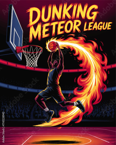 Dynamic Basketball Slam Dunk Illustration with Fiery Meteor Trail, Player in Action, Modern Sports Arena, Vibrant Poster Art