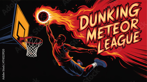 Dynamic Basketball Slam Dunk Illustration with Flaming Basketball and Bold Comic Style Text for Sports Poster or League Promotion