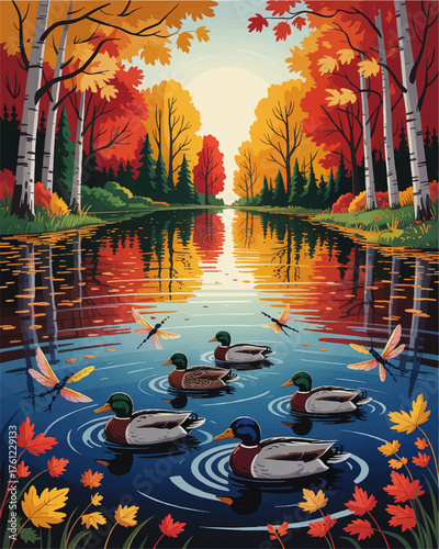Serene Autumn Lake Illustration with Mallard Ducks, Colorful Fall Foliage, Dragonflies, and Reflections at Sunset