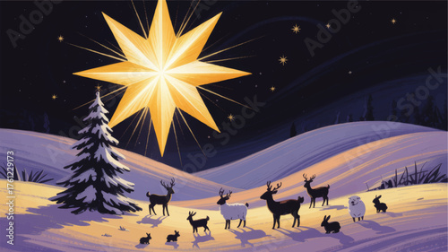 Magical Christmas Night Illustration with Bright Star, Snowy Landscape, Deer, Rabbits, and Winter Pines Under Starry Sky